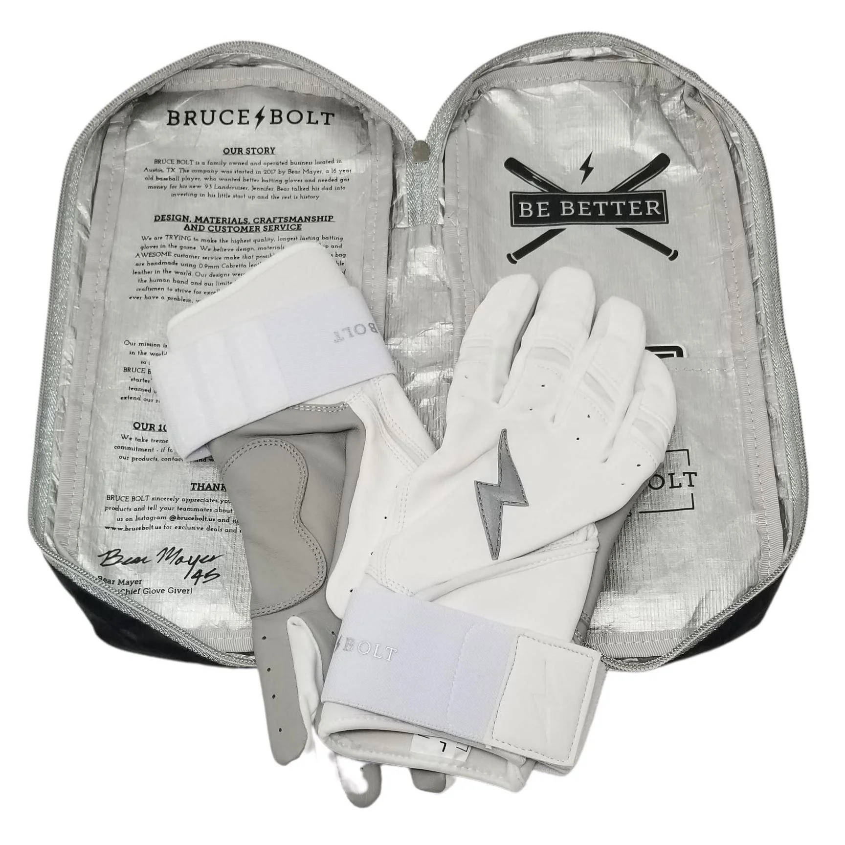 Bruce Bolt PREMIUM PRO Chrome Series Long Cuff Batting Gloves: White - Image 4