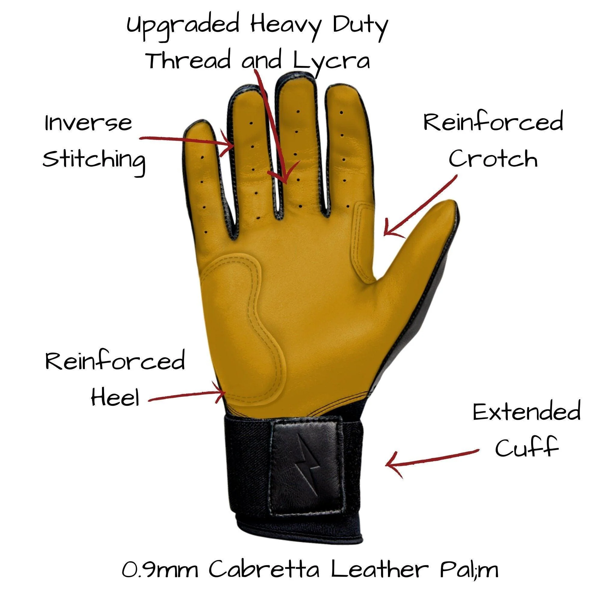 Bruce Bolt PREMIUM PRO Long Cuff Batting Gloves: Black - Image 3