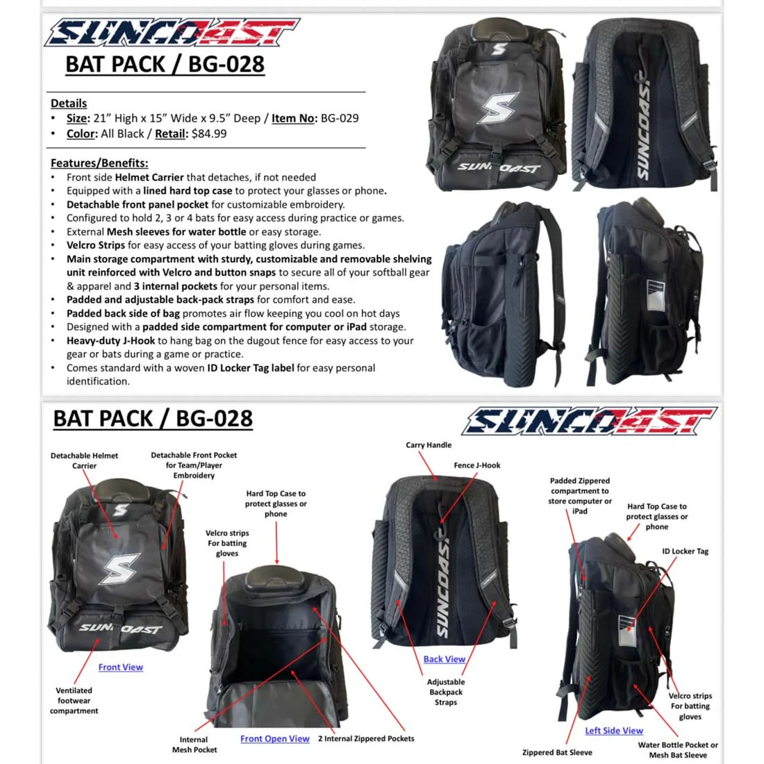 Suncoast Player Baseball and Softball Player Batpack: BG-028 - Image 7
